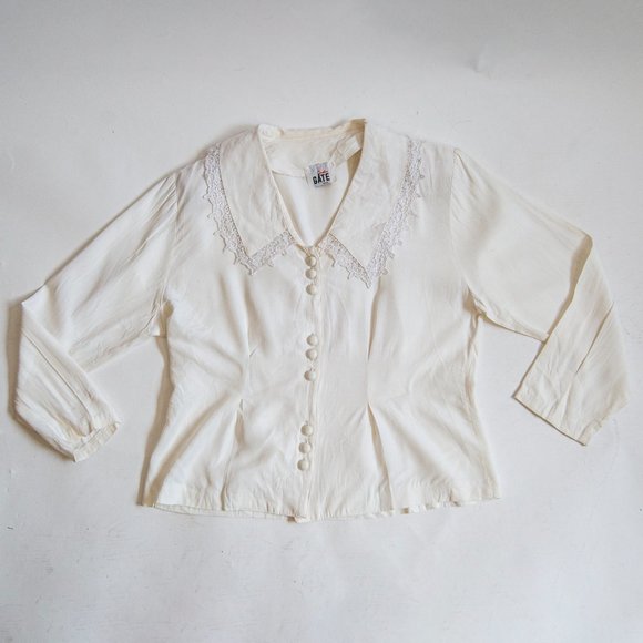 80s cream oversized collar blouse m medium / long sleeve lace blouse / lace bib - Picture 5 of 7